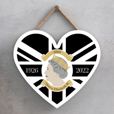P7165 - HRH Queen Elizabeth II 1926-2022 Black Union Jack Heart Shaped Memorial Keepsake Wooden Plaque