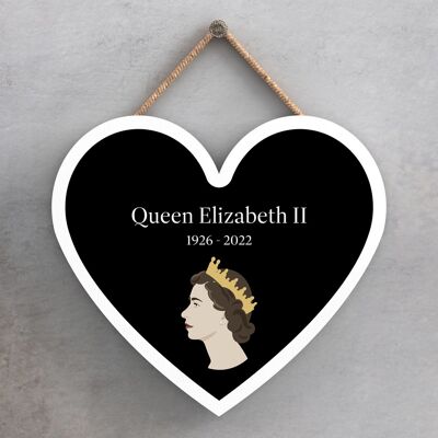 P7166 - SAR Regina Elisabetta II 1926-2022 Union Jack nera a forma di cuore commemorativa targa in legno