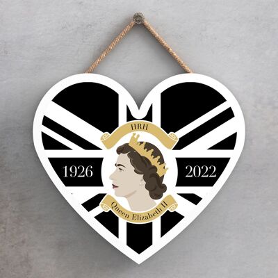 P7167 - Placa de madera de recuerdo conmemorativa en forma de corazón negro de la reina Isabel II 1926-2022