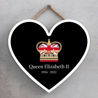 P7170 - Targa commemorativa in legno con corona nera a forma di cuore della regina Elisabetta II