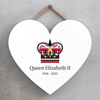 P7171 - Queen Elizabeth II Crown White Heart Shaped Memorial Keepsake Wooden Plaque