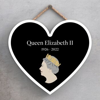 P7172 - Reine Elizabeth II 1926-2022 Plaque commémorative en bois noir en forme de cœur 1