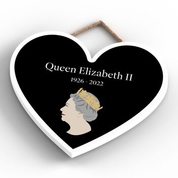 P7172 - Reine Elizabeth II 1926-2022 Plaque commémorative en bois noir en forme de cœur 3