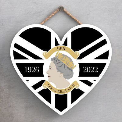 P7173 - HRH Queen Elizabeth II 1926-2022 Black Union Jack Heart Shaped Memorial Keepsake Wooden Plaque
