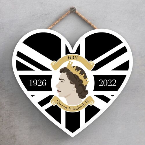 P7174 - HRH Queen Elizabeth II 1926-2022 Black Union Jack Heart Shaped Memorial Keepsake Wooden Plaque