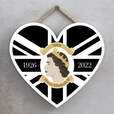 P7174 - SAR la Reina Isabel II 1926-2022 Placa de madera de recuerdo conmemorativa en forma de corazón de Union Jack negra