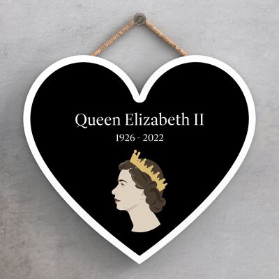 P7175 - Queen Elizabeth II 1926-2022 Black Heart Shaped Memorial Keepsake Wooden Plaque