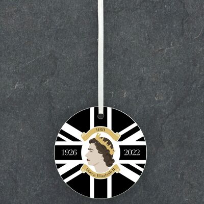 P7187 - Queen Elizabeth II 1926-2022 Black Union Jack Circle Shaped Memorial Keepsake Ceramic Ornament