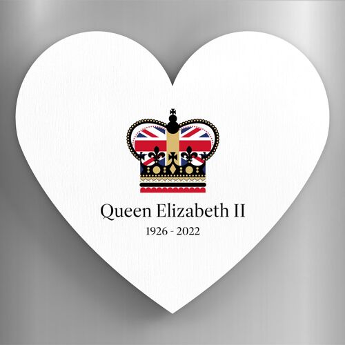 P7191 - Queen Elizabeth II Crown White Heart Shaped Memorial Keepsake Wooden Magnet