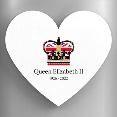 P7191 - Queen Elizabeth II Crown White Heart Shaped Memorial Keepsake Wooden Magnet