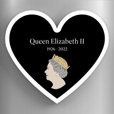 P7192 - Reina Isabel II 1926-2022 Recuerdo conmemorativo en forma de corazón negro Imán de madera