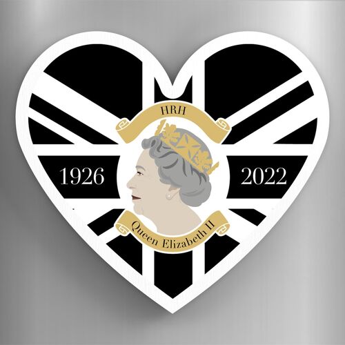 P7193 - Queen Elizabeth II 1926-2022 Black Union Jack Heart Shaped Memorial Keepsake Wooden Magnet
