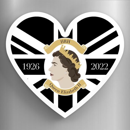 P7195 - Queen Elizabeth II 1926-2022 Black Union Jack Heart Shaped Memorial Keepsake Wooden Magnet