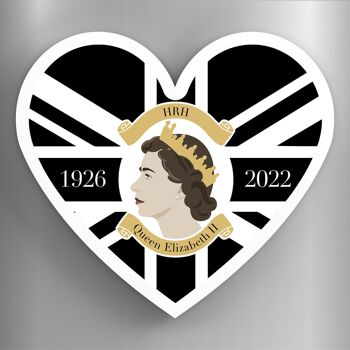 P7195 - Reine Elizabeth II 1926-2022 Aimant en bois souvenir commémoratif en forme de cœur noir Union Jack 1