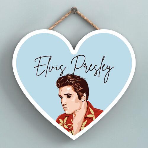P7202 - Elvis Presley Hand Drawn Illustration Poster Style Heart Shaped Wooden Plaque