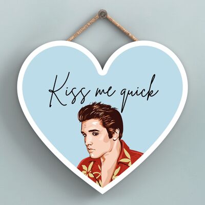P7204 - Elvis Kiss Me Quick Elvis Presley Illustrazione disegnata a mano Stile poster Targa in legno