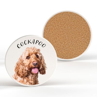 P7208 – Runder Untersetzer aus Cockapoo-Keramik mit Korkrückseite. Geschenkidee für Hundeliebhaber