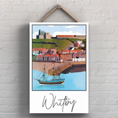 P7221 - Placa de madera con ilustración de paisaje de Whitby Seadise Town