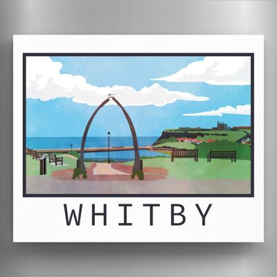 P7234 - Imán de madera con ilustración de paisaje de Whitby Seadise Town