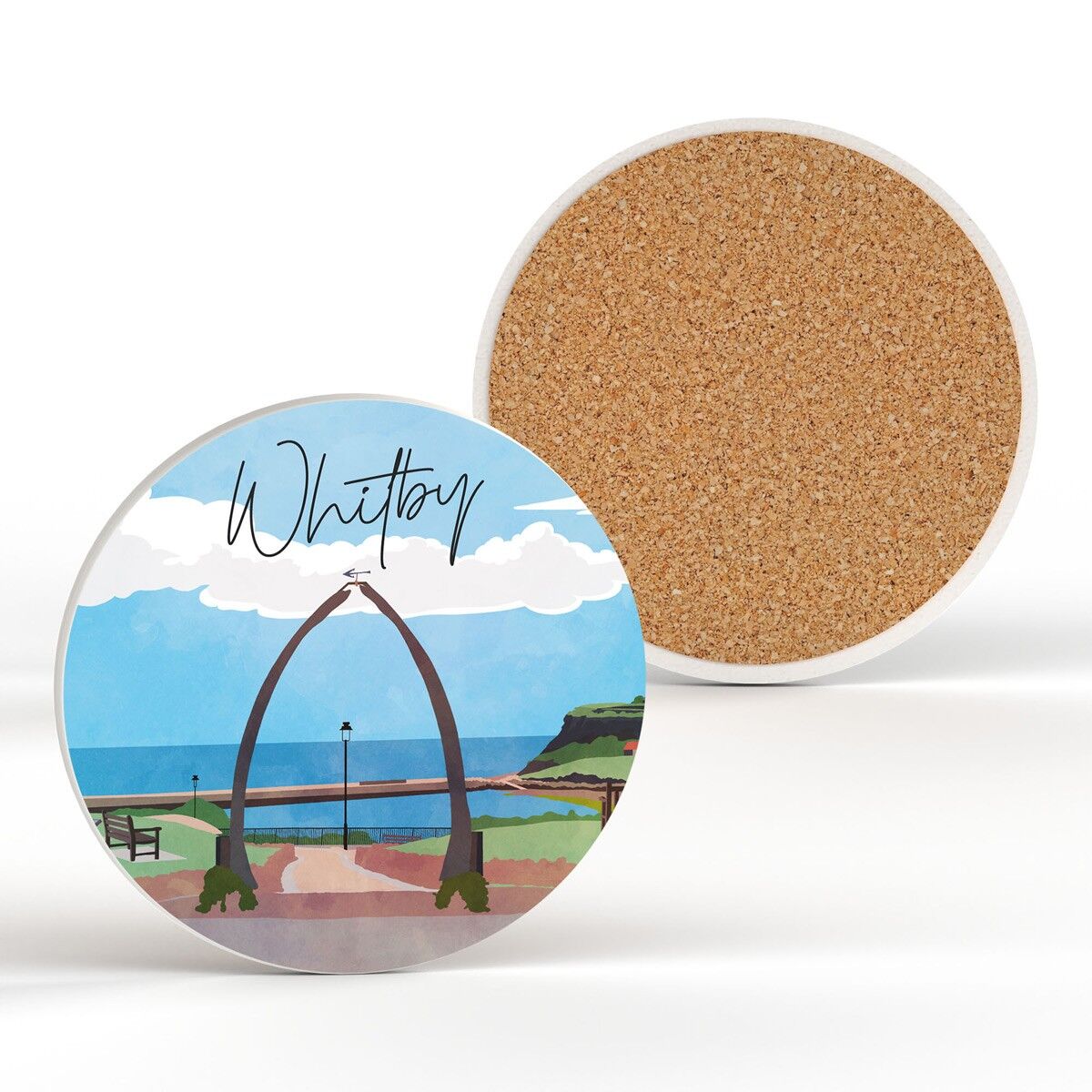 P7236 - Whitby Whale Arch Whale Jaw Bone Landscape Illustration Ceramic Coaster