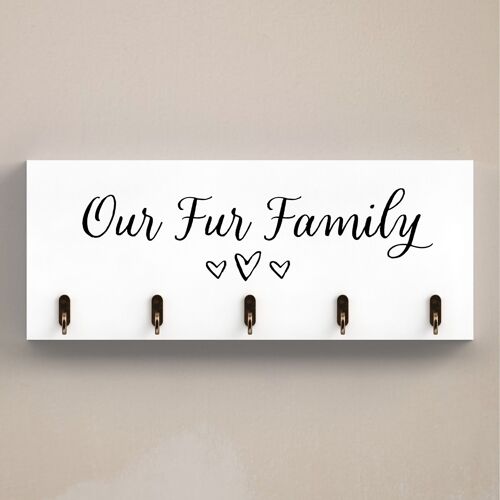 P7237 - Our Fur Family Hearts 5 Hook Key Rack Wall Hanging Wooden Hooks Modern Typography Plaque
