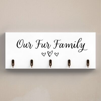 P7237 – Our Fur Family Hearts 5 Hook Key Rack Wall Hanging Wooden Hooks Modern Typography Plaque