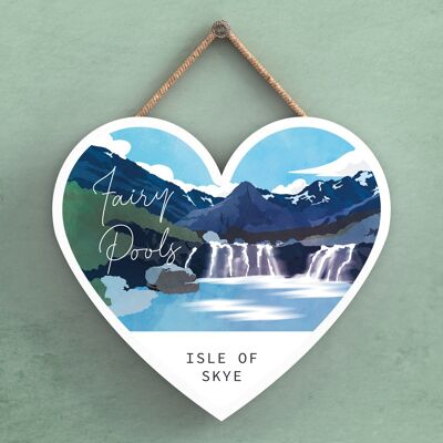 P7245 - Fairy Pools Scotlands Landscape Illustration Heart Shaped Wooden Plaque