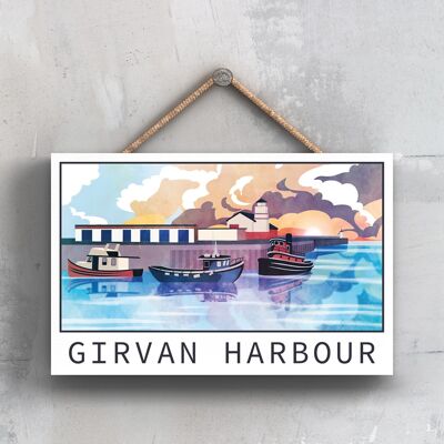 P7246 - Placa decorativa colgante de madera con ilustración de paisaje de Escocia del puerto de Girvan
