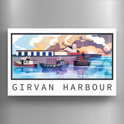 P7247 - Calamita decorativa in legno con illustrazione del paesaggio scozzese del porto di Girvan