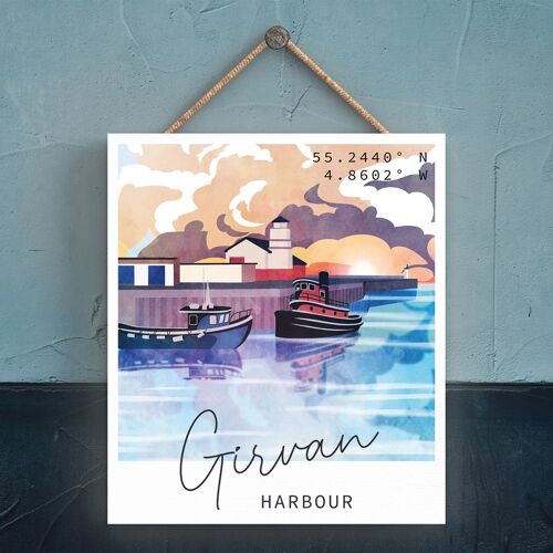 P7248 - Girvan Harbour Scotlands Landscape Illustration Decorative Hanging Wooden Plaque
