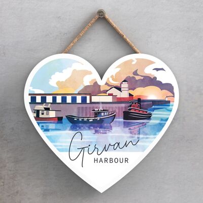 P7249 - Placa decorativa de madera en forma de corazón con ilustración de paisaje escocés de Girvan Harbor
