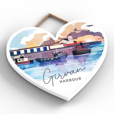 P7250 - Girvan Harbour Scotlands Landscape Illustration Decorative Heart Shaped Wooden Plaque