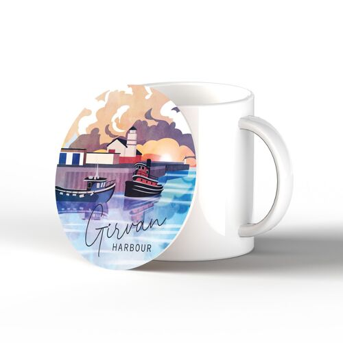 P7252 - Girvan Harbour Scotlands Landscape Illustration Decorative Ceramic Coaster