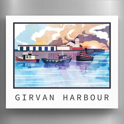 P7253 - Calamita decorativa in legno con illustrazione del paesaggio scozzese del porto di Girvan