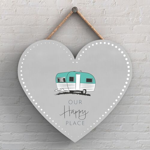 P7332 - Our Happy Place Heart Camper Caravan Camping Themed Hanging Plaque