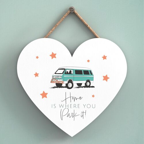 P7333 - Home Is Parked Heart Camper Caravan Camping Themed Hanging Plaque