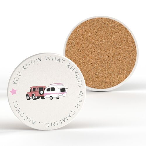 P7368 - Alcohol Rhymes With Camping Pink Camper Caravan Camping Themed Hanging Plaque