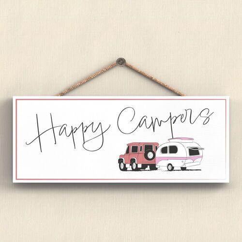 P7404 - Happy Campers Pink Camper Caravan Camping Themed Hanging Plaque