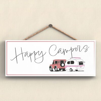 P7404 – Happy Campers Pink Camper Caravan Camping-Plakette zum Aufhängen