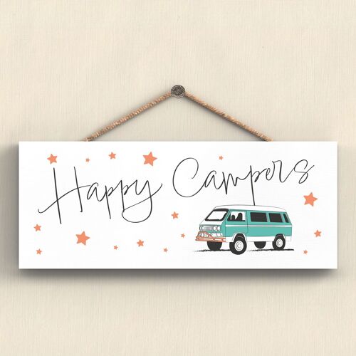 P7405 - Happy Campers Green Camper Caravan Camping Themed Hanging Plaque