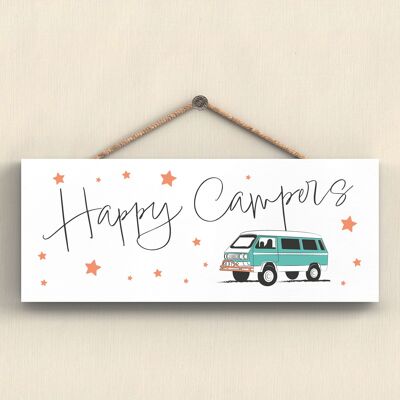 P7405 - Happy Campers Green Camper Caravan Camping Plaque à suspendre sur le thème
