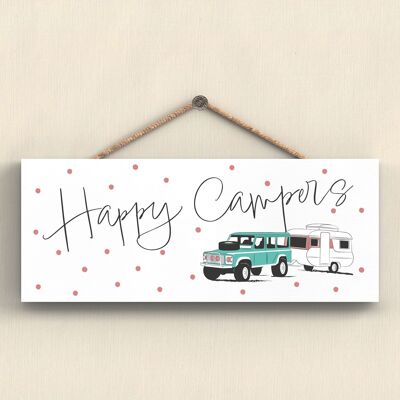 P7406 - Happy Campers Green Camper Caravan Camping Plaque à suspendre sur le thème