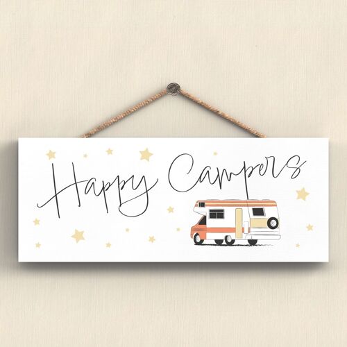P7407 - Happy Campers Orange Camper Caravan Camping Themed Hanging Plaque