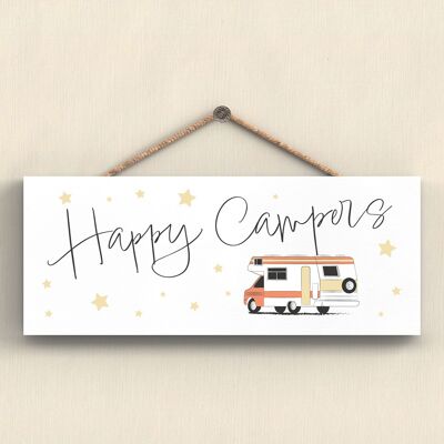 P7407 - Happy Campers Orange Camper Caravan Camping Plaque à suspendre sur le thème