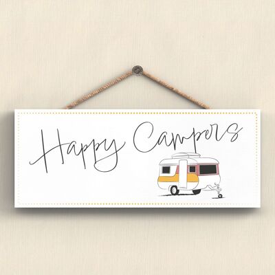 P7408 - Happy Campers Pink Camper Caravan Camping Themed Hanging Plaque