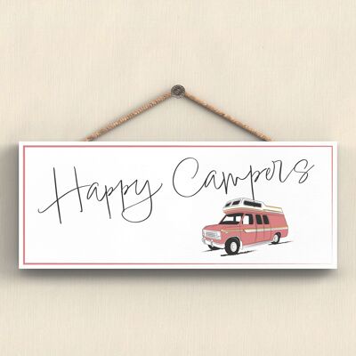 P7409 - Happy Campers Pink Camper Caravan Camping Themed Hanging Plaque