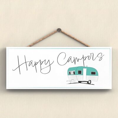 P7410 - Happy Campers Green Camper Caravan Camping Themed Hanging Plaque