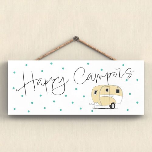 P7411 - Happy Campers Yellow Camper Caravan Camping Themed Hanging Plaque