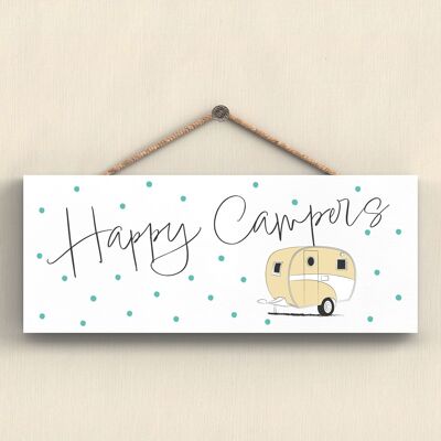 P7411 - Happy Campers Yellow Camper Caravan Camping Placa Colgante Temática