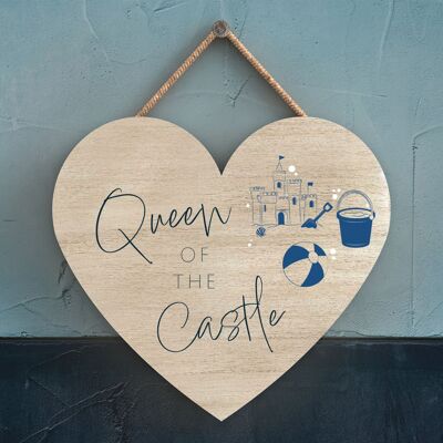 P7422 - Queen Of The Castle Coastal Blue Nautical Sign Wooden Hanging Plaque Heart